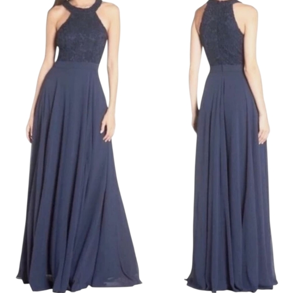 Lulu's Navy Blue Chiffon  Lace Bodice Halter Gown NWT Sz L - Picture 1 of 14